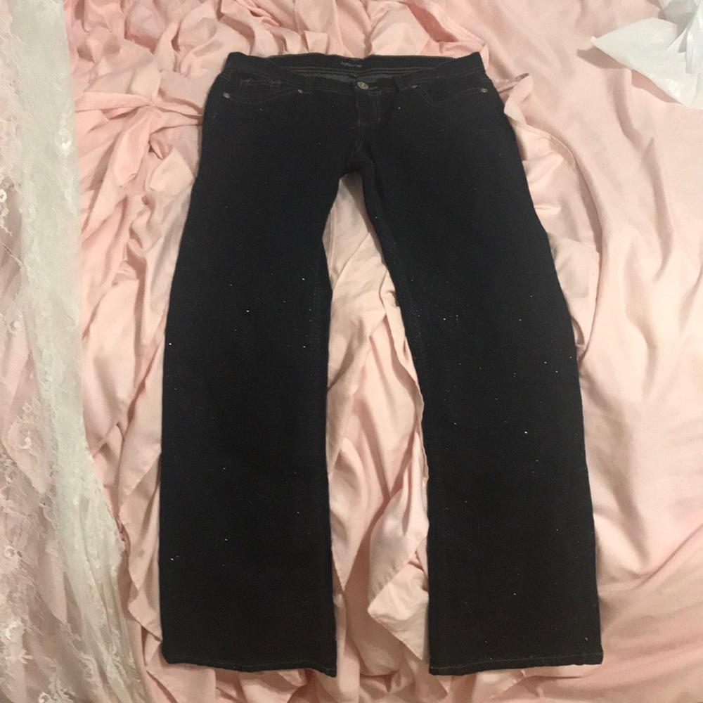 A pair of dark wash denim jeans, +Sparkles